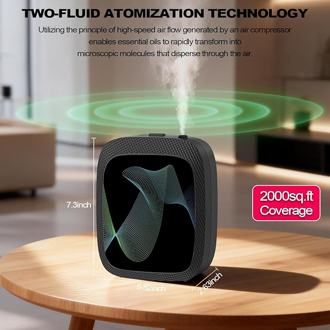 Waterless Essential Oil Diffuser Scent Air Machine for Home Large Room and Commercial Use, Up to 2000 sq ft, App & Panel Control, Dual Power Type-C/D Batteries (Black)
