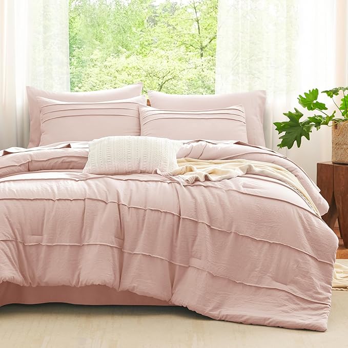 CozyLux Queen Comforter Set Pink, 7 Pieces Soft Pinch Pleat Bed in a Bag Queen Comforter Set with Sheets, Boho Bed Set with Down Alternative Comforter, Sheets, Pillowcases & Shams