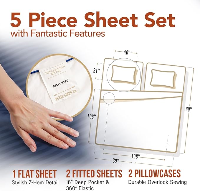 TEXAS LINEN CO. Egyptian Cotton Split King Sheet Set - Texan Talkin' Damask 600 Series 5 PC Sheets for Adjustable Bed (Navy Blue Stripe), Extra Long Staple Sheets, Luxury 16" Deep Pocket Bedsheet