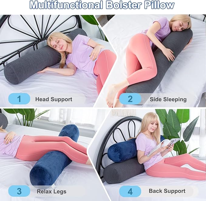 1 MIDDLE ONE Body Pillow, Bolster Pillow with Cooling Cover, Long Round Roll Cylinder Pillow for Bed, 47" x 7.87", Grey