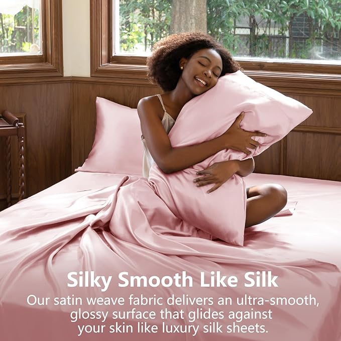 CozyLux Satin Sheets Queen Size Bed Set - 4 Piece Silky Queen Sheet Set, Luxury Dirty Pink Queen Sheets with Smooth and Soft Microfiber, Includes 1 Fitted Sheet, 1 Flat Sheet and 2 Pillowcases