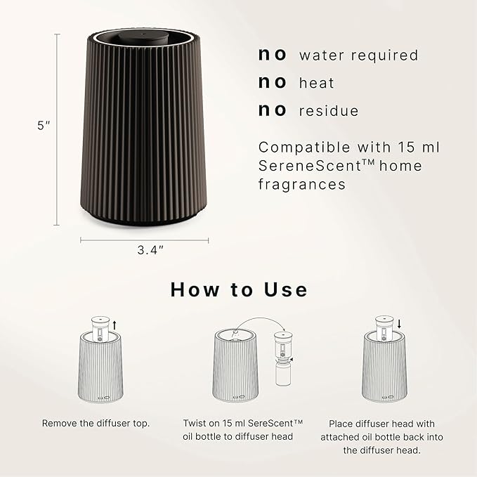 Homedics Waterless Essential Oil Diffuser with 15ml Vanilla Cedarwood Fragrance Oil. SereneScent Cordless Cold Air Scent Diffuser Starter Kit with Ambient Light, Studio 671 (Black)
