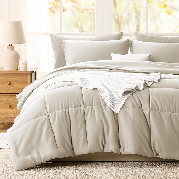CozyLux Full Size Comforter Sets Oatmeal - 7 Pieces Bed in a Bag Full, Oeko-Tex Certified Bed Set, All Season Soft Bedding Set with Down Alternative Comforter, Sheets, Pillowcases & Pillow Shams