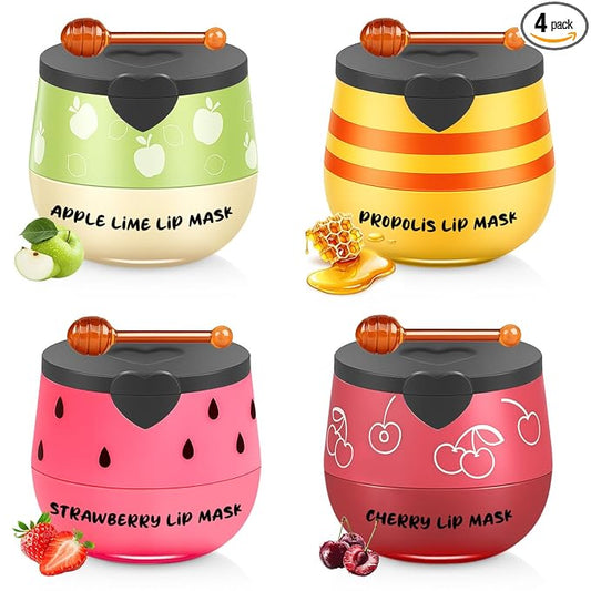 4PCS Bee Honey Balm Lip Balm, Cherry Apple Strawberry Honey Lip Balm, Moisturizing Sleeping Lip Mask Overnight, Prevention Dry and Cracked Lips