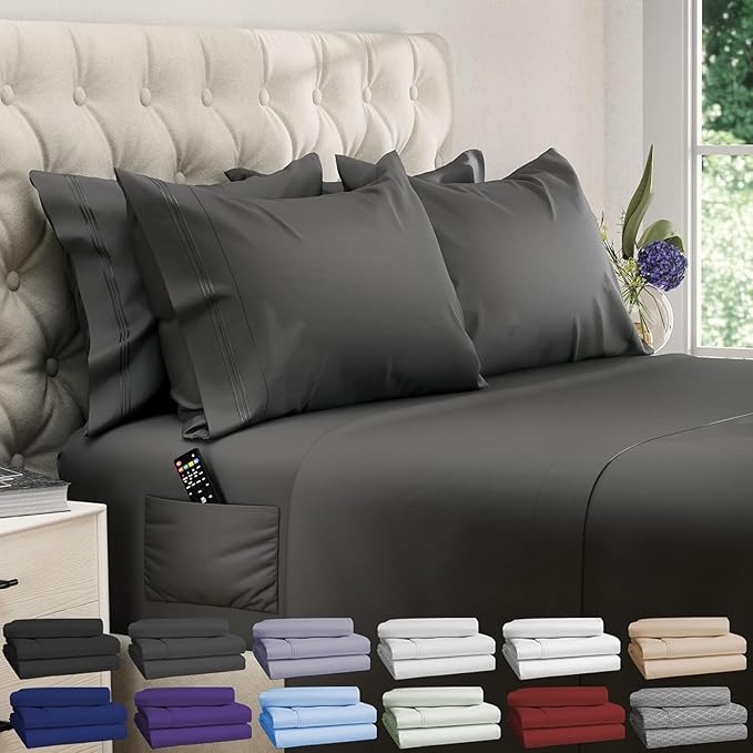 DREAMCARE Queen Sheet Set - 6 pcs Breathable Cooling Bed Sheets - up to 21" Extra Deep Pocket Queen Sheets Set with Side Pockets - Extra Soft 100% Brushed Hypoallergenic Hotel Luxury Bedding - Gray