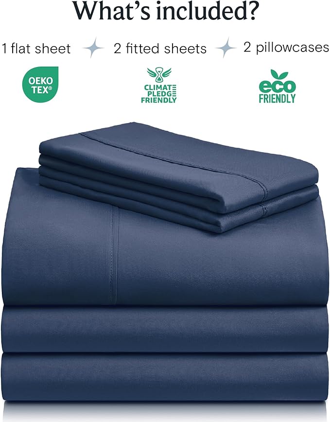 LuxClub 5 PC Split King Sheet Set, Breathable Luxury Bed Sheets, Deep Pockets 18" Eco Friendly Wrinkle Free Cooling Sheets Machine Washable Hotel Bedding Silky Soft - Navy Split King