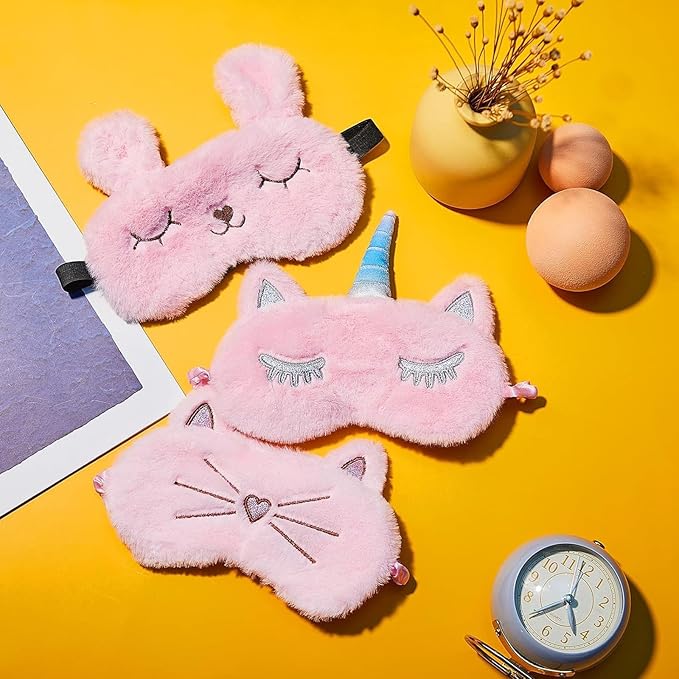Geyoga 3 Pcs Sleep Mask for Kids, Girls Plush Sleeping Eye Cover Soft Eye Blindfold Cover Animal Shade for Kids(Pink,Bunny, Cat and Unicorn Style)
