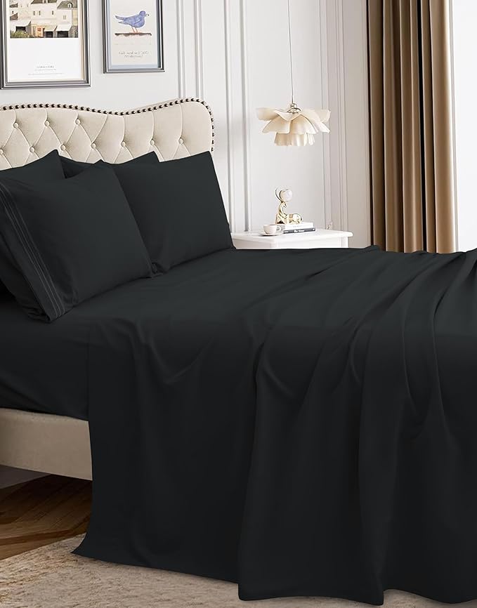 Mocassi Luxury Full 4-Piece Sheet Set - 1800 Premium Hotel Quality - Easy-Fit, Wrinkle, Fade Resistant Bed Sheets and Pillowcases - All Around Elastic Fitted Sheet, Deep Pocket, Black