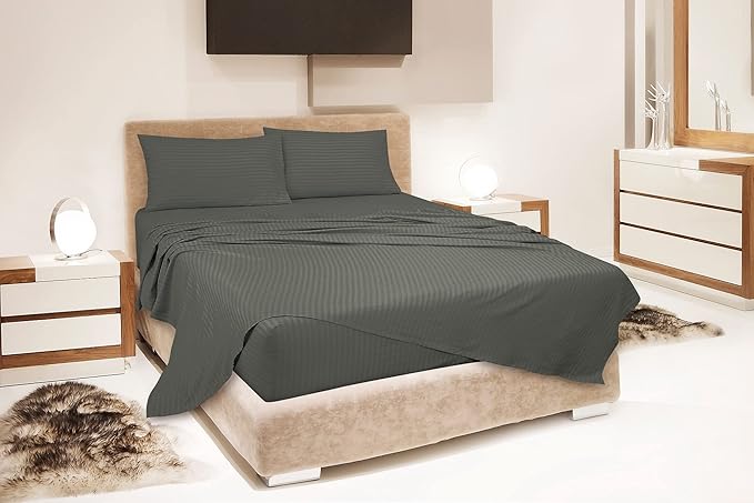 ROYALE LINENS 4 Piece Full Sheets Set - Soft Brushed 1800 Microfiber Bedding - 1 Fitted, 1 Flat Sheet, 2 Pillow Cases - Wrinkle Free & Fade Resistant - Hotel Luxury Bed Sheets (Stripe Grey, Full)