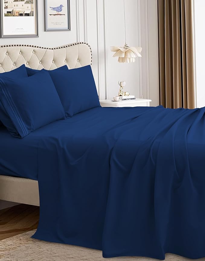 Mocassi Luxury Queen 4-Piece Sheet Set - 1800 Premium Hotel Quality - Easy-Fit, Wrinkle, Fade Resistant Bed Sheets and Pillowcases - All Around Elastic Fitted Sheet, Deep Pocket, Navy