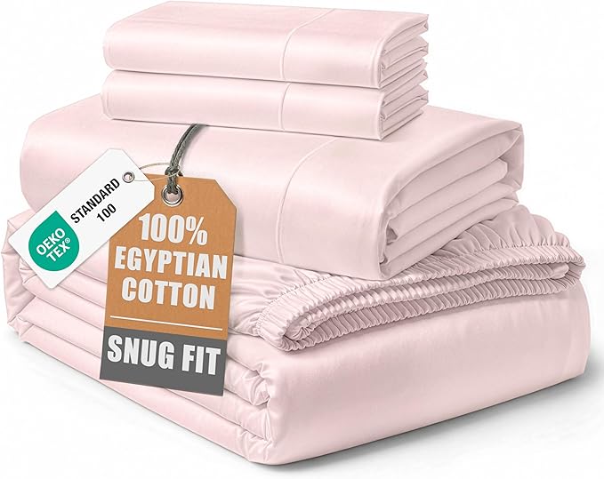 LANE LINEN 100% Egyptian Cotton King Size Bed Sheets, Machine Washable Naturally Temperature regulating Sustaibable No Pill Fade Resistant King Size Sheets Set Cotton - Petal Pink