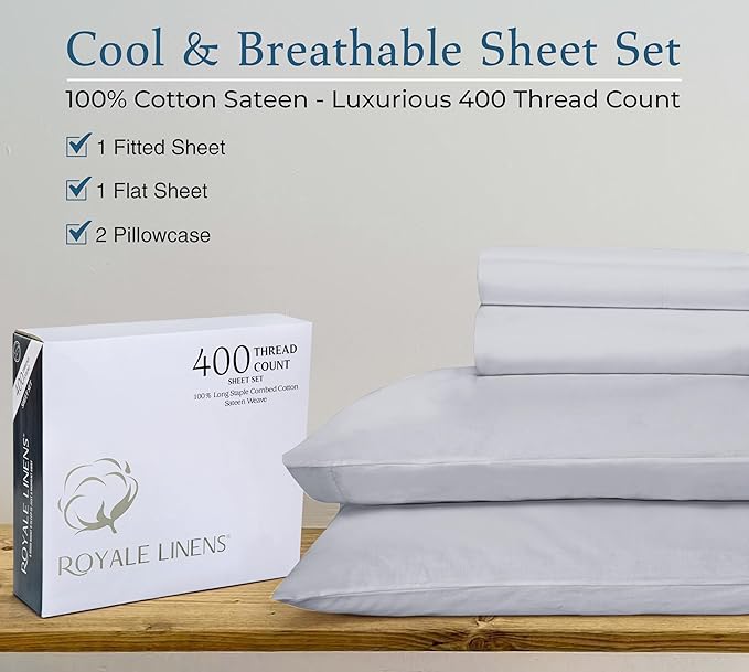 Royale Linen 400 Thread Count 100% American Grown Cotton 4 Piece Sateen Queen Sheet Set - 1 Fitted Sheet, 1 Flat Sheet, 2 Pillow case - Silver Queen Bedsheet - Cotton Sheets - (Queen, Spanish Silver)