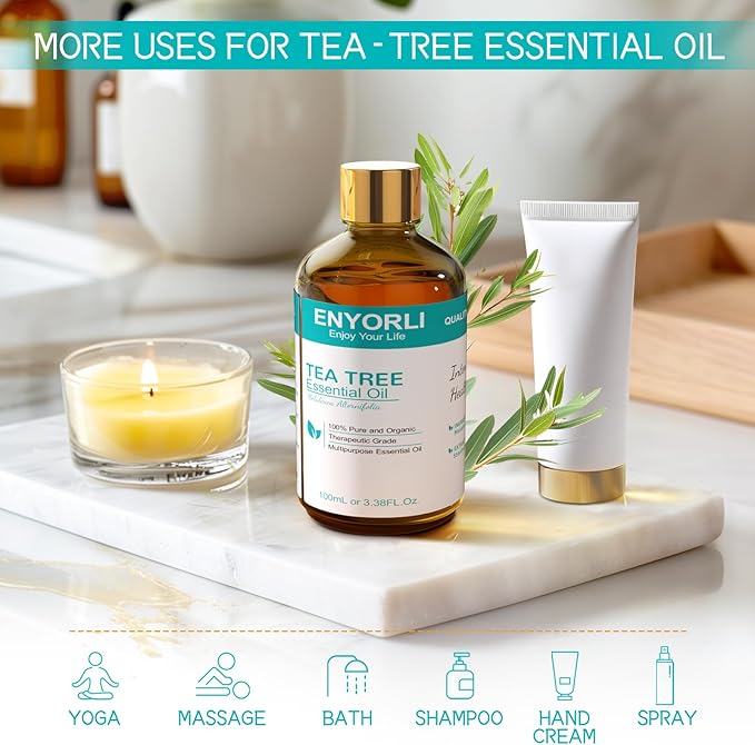 Tea Tree Essential Oil 3.38 fl oz (100ml), Natural Oil for Diffuser, Hair & Scalp Care, Skin Moisturizing, Nail Care & DIY Use, Daily Care for Women and Men