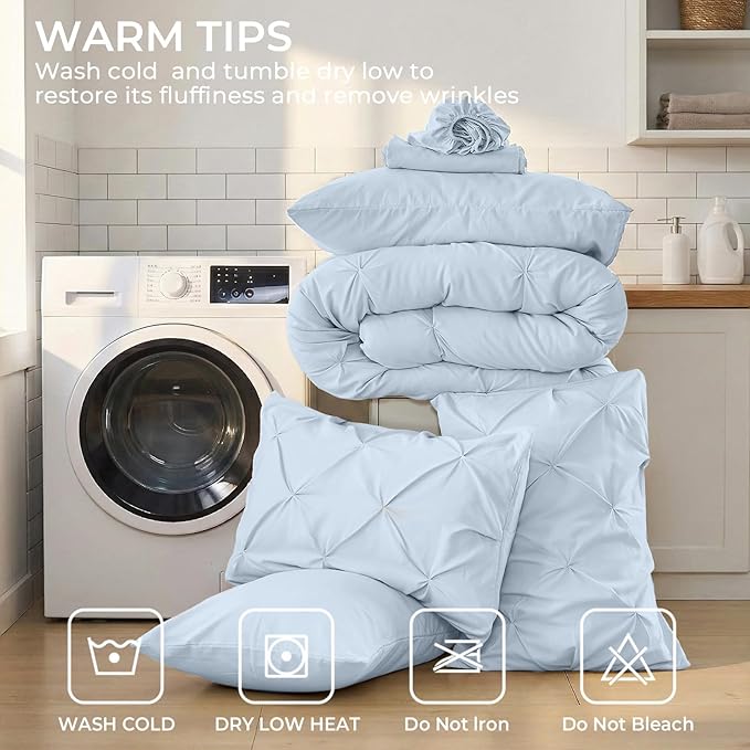 Sasttie California King Comforter Set, 7-Piece Bed in a Bag, Pintuck Bedding Sets for All Season, Includes Comforter, Flat Sheet, Fitted Sheet, Pillowcases and Pillowshams, Light Blue