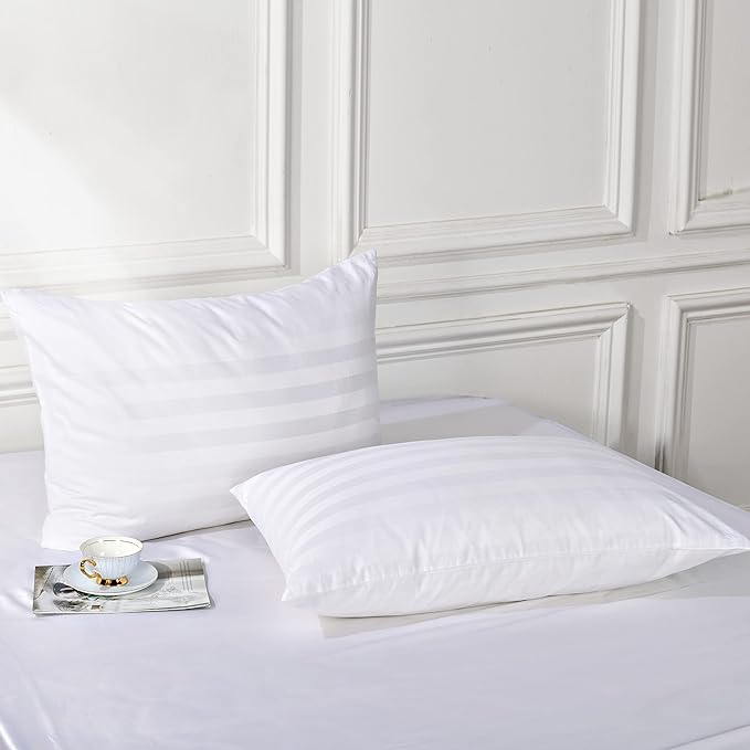 Pillow Protector Standard Size 100% Egyptian Cotton Pillow Covers, 400 Thread Count Sateen Weave Cooling Pillow Cases with Zipper Hidden, Breathable - Easy Care, Set of 2 (Striped White)