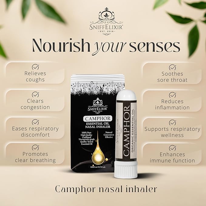 Camphor Essential Oil Aromatherapy Nasal Stick Vapor Inhaler for Mucus Relief - Chest Congestion & Cough Relief for Adults, USA Made with Organic Essential Oils