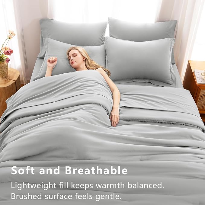 CozyLux Full Size Comforter Sets Light Grey, 7 Pieces Bed in a Bag Full Comforter Set with Sheets, Light Gray Luxury Soft Bedding Set with Down Alternative Comforter, Sheets, Pillowcases & Shams