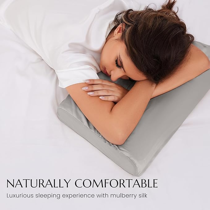 THXSILK 19 Momme 100% Mulberry Silk Pillowcase for Contour Memory Foam Pillow, Contour Pillow Case Cover, Cervical Pillow Case, Pack of 1(Grey, 24"x14"x4.7"/3.9")