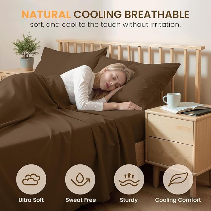 King Size 4 Piece Sheet Set - Comfy Breathable & Cooling Bed Sheets Set, Soft and Wrinkle Free, Deep Pockets, Easy & Secure Fit, Hotel Luxury Bedding for Women, Men - Oeko-Tex -Brown