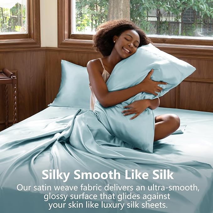 CozyLux Satin Sheets Full Size Sheets - 4 Piece Silky Full Size Bed Sheets, Luxury Light Blue Full Bed Set with Smooth and Soft Microfiber, Includes 1 Fitted Sheet, 1 Flat Sheet and 2 Pillowcases