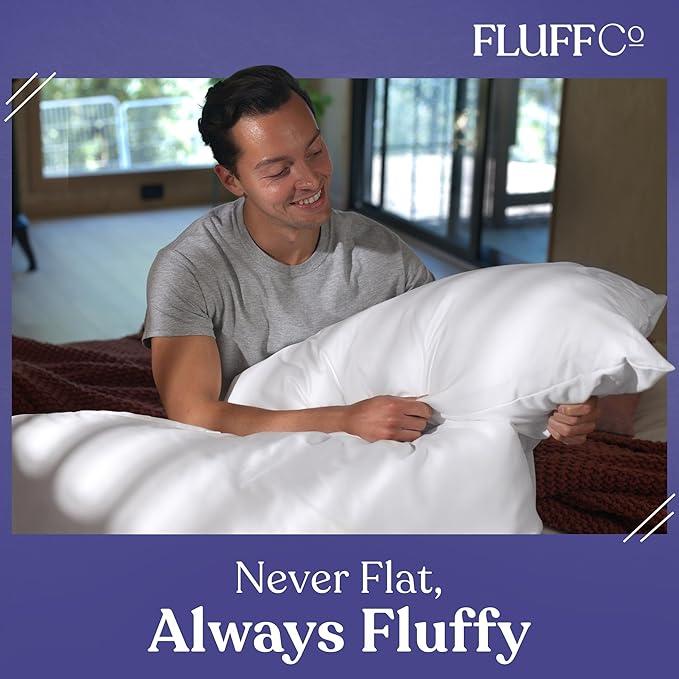 FluffCo Basics Down Alternative Bed Pillows - Cooling Cotton Shell with Supportive Gel-Fiber Fill - Pillows for Side, Back, and Stomach Sleepers - Made in USA - Standard/Queen Size, Set of 2