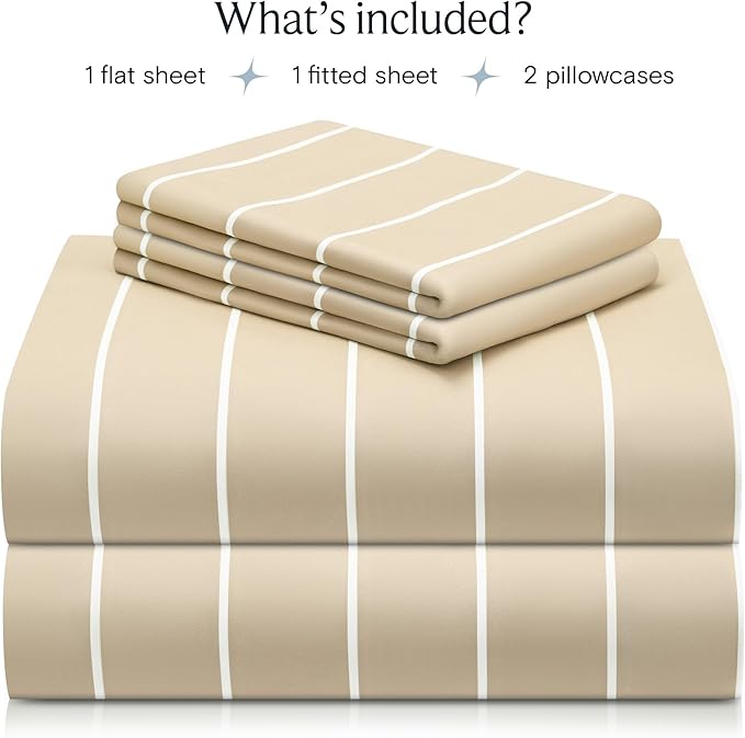 LuxClub 4 PC Full Size Sheet Set, Breathable Luxury Bed Sheets, Deep Pockets 18" Wrinkle Free Cooling Machine Washable Hotel Bedding (Striped Cream)