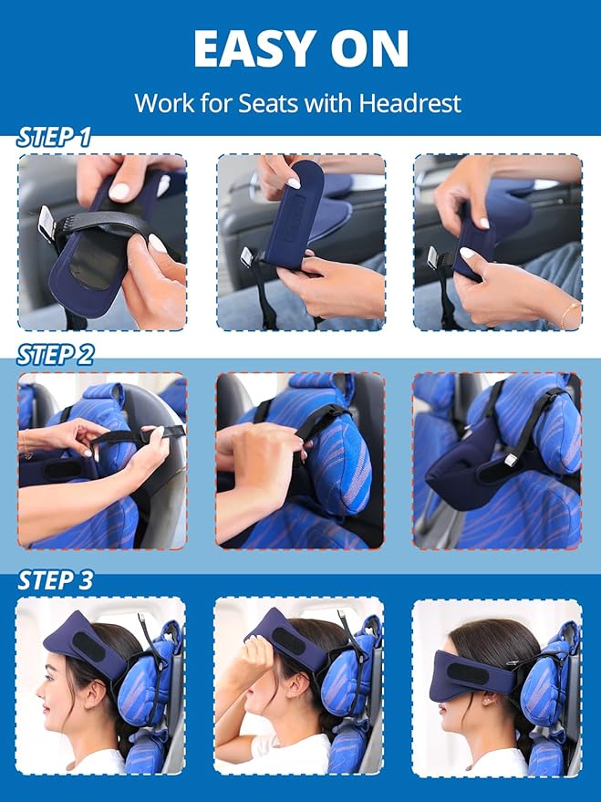 SARISUN Airplane Head Strap 3D Eye Mask, Travel Pillow Alternative for Long Flight, 360° Support Sleep Head Hold, Stop Bobblehead, Ultra-Compact Lightweight Travel Essentials, Black
