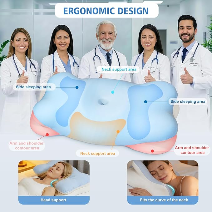 Extended Cervical Neck Pillow for Pain Relief, Ergonomic Contour Side Sleeper Pillow for Sleeping, Orthopedic Memory Pillow for Neck Support, Cooling Adjustable Pillow for Back and Stomach Sleeper