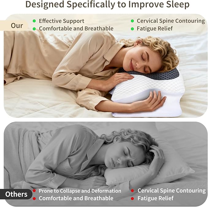 Cervical Neck Pillow for Neck Pain, Memory Foam Orthopedic Pillow with Contoured Design, Neck Support Pillows for Side, Back and Stomach Sleepers, Grey