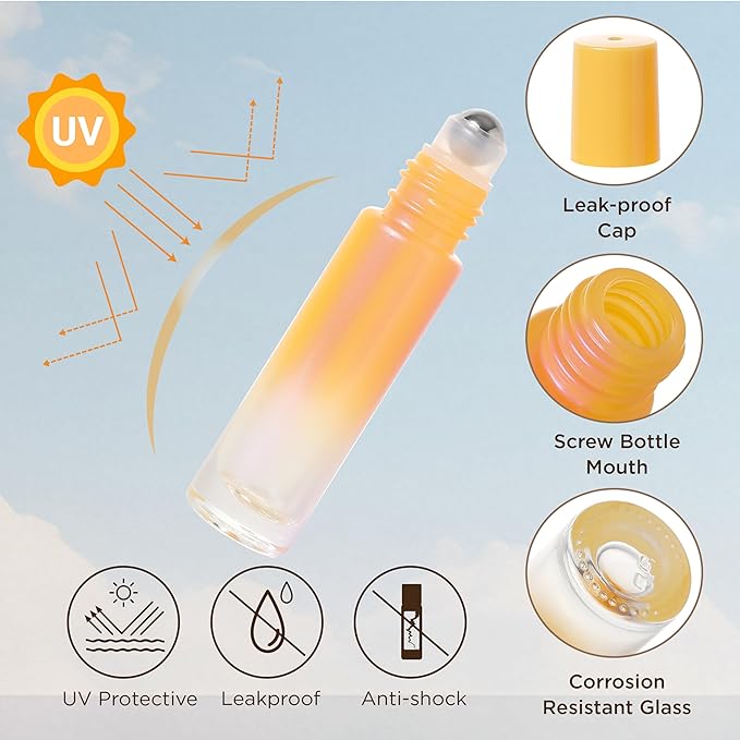 SESENSE Essential Oil Roller Bottles, 10ml Thick Glass Perfume Roller Bottles with Funnel Opener and Dropper Colored Glass Empty Bottles with Stainless Steel Roller Balls (Orange, 12 Pack)