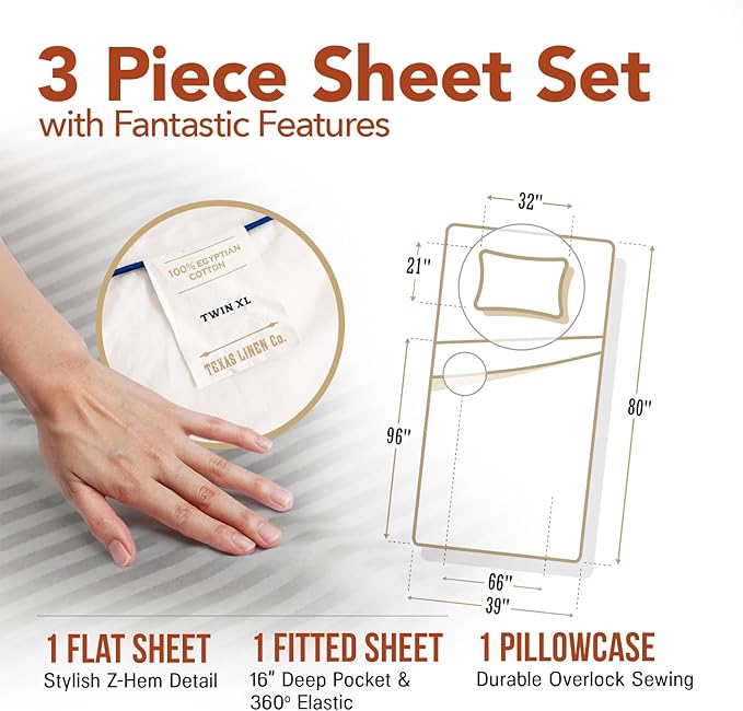 TEXAS LINEN CO. 100% Egyptian Cotton Sheets - Texan Talkin' Damask 600 Series 3 PC Twin XL Sheet Set (Silver Stripe), Soft, Cooling, Sateen Weave, Extra Long Staple Luxury Bedding, 16" Deep Pocket