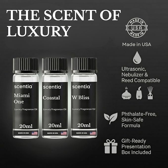 Scentia Hotel Essential Oils 3-Pack - Miami One, Coastal & W Bliss Luxury Aromatherapy Diffuser Oils - 3x20ml
