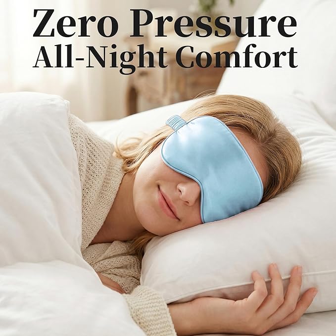 ZLYC 100% Mulberry Silk Sleep Mask Pressure-Free Eye Cover Soft Light Blocking Blindfold for Travel & Nap, Solid Light Blue