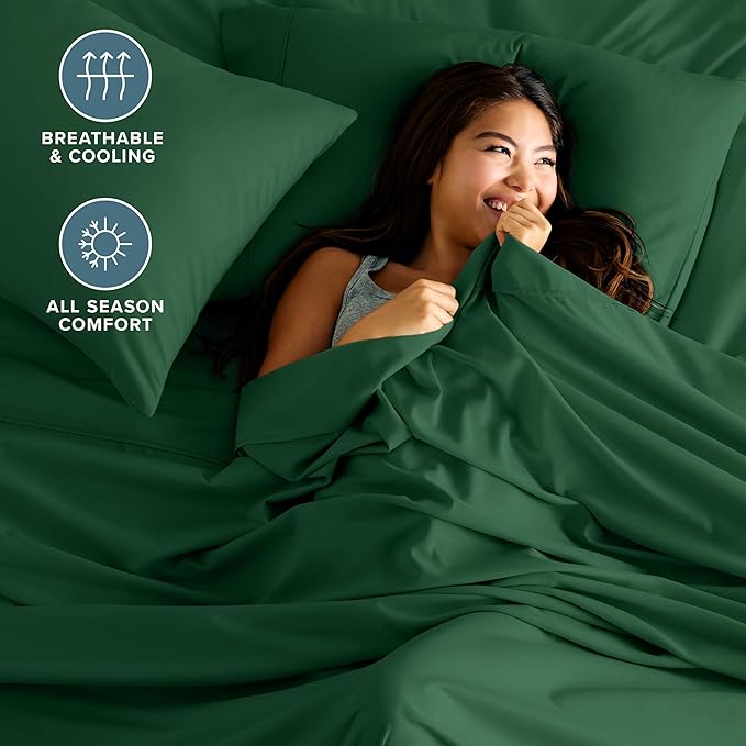 Bare Home Hotel Luxury Twin Sheet Set, Extra Soft - 4 Piece Set - Deep Pockets - Easy Fit - Cooling & Breathable - Wrinkle, Fade, Stain Resistant - Includes 2 Pillowcases (Twin, Forest Green)
