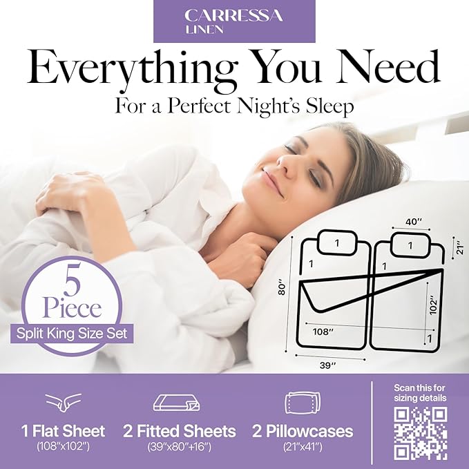 Carressa Linen 100% Egyptian Cotton Split King Sheets Sets for Adjustable Bed - 600 Series Hydrangeas Collection 5 PC Sand Top Split King Sheets, 16" Deep Pocket Sheet for Adjustable Bed