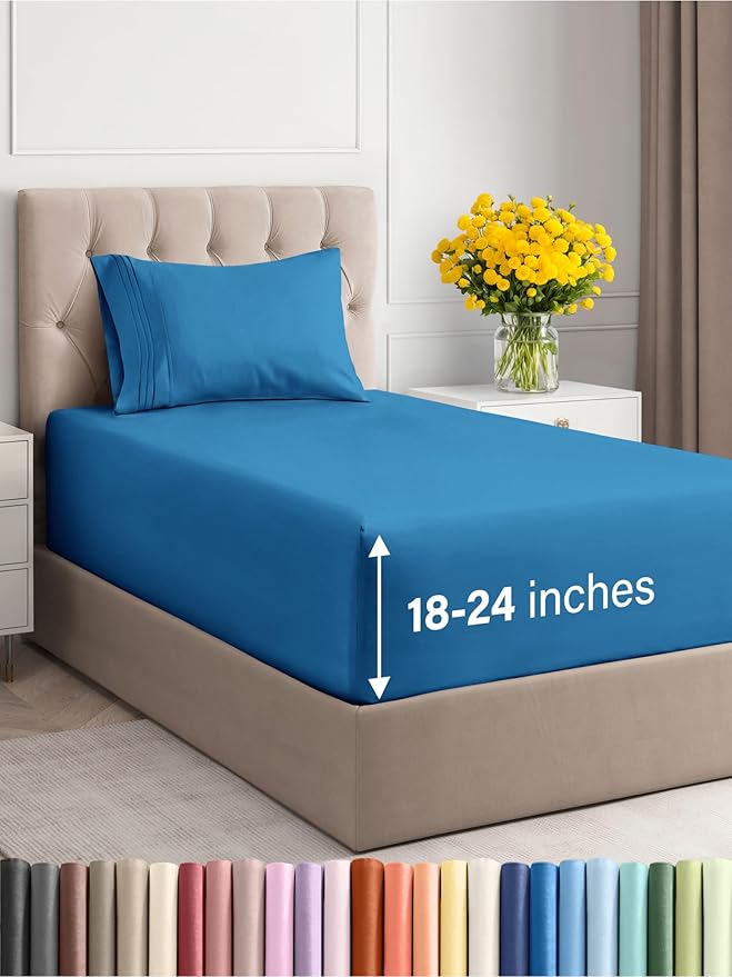 Extra Deep Twin Sheet Set - 3 Piece Breathable & Cooling Bed Sheets - Easily Fits 18 to 24 inch Mattress - Ultra Soft, Wrinkle & Fade Free with Extra Deep Pockets - Hotel Luxury Bedding - Denim Blue