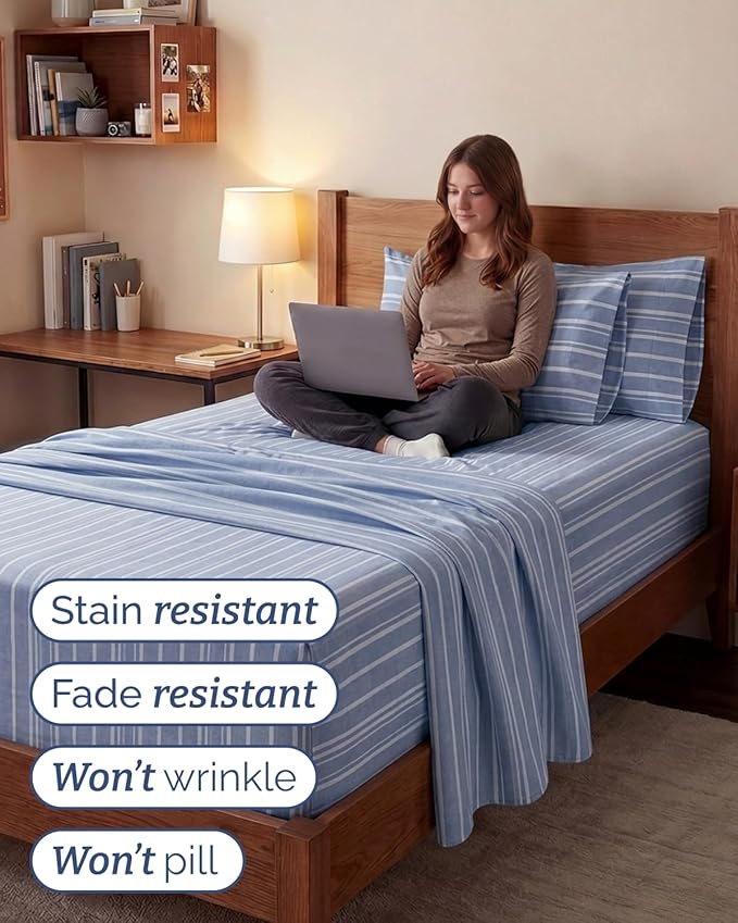Extra Deep Twin XL Sheet Set - 4 Piece Breathable and Cooling Sheets - Hotel Luxury Bedding for Women, Men, Kids & Teens - Easy Secure Fit - Soft & Wrinkle Free with Extra Deep Pockets - Blue Stripes