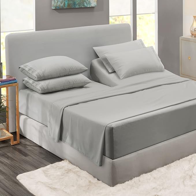 Clara Clark Flex Top King Sheets, 6 Piece Set - Hotel Luxury Sheets for Top Split King Bed, Super Soft Bedding Set, Head Split King Silver