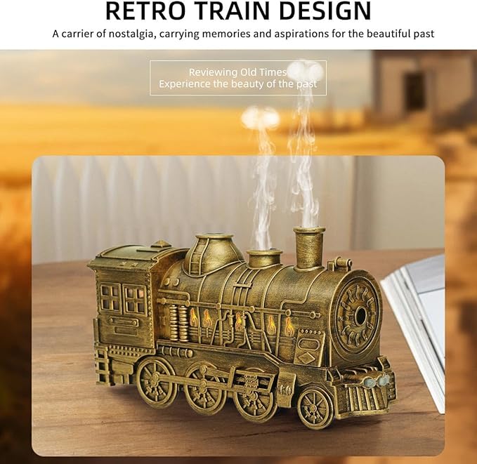 300ML Train Aromatherapy Essential Oil Diffuser, Vintage Diffuser with LED Light, 2 Mist Modes & Auto Shut-Off, Home Fragrance Decor for Bedroom, Office & Living Room, Gift for Adults (Bronze)