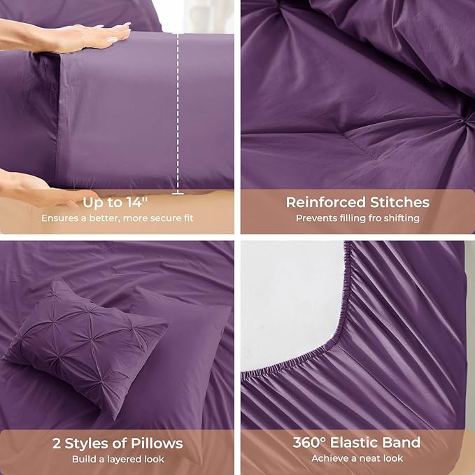 Sasttie Twin Comforter Set, 5-Piece Bed in a Bag, Pintuck Bedding Sets for All Season, Includes Comforter, Flat Sheet, Fitted Sheet, Pillowcase and Pillowsham, Grape Purple