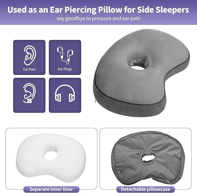 Curved Ear Piercing Pillow - Orthopedic Donut Design with 3.5" Ear Hole Relief, Gray Velvet Side Sleeper Support for Healing Piercings