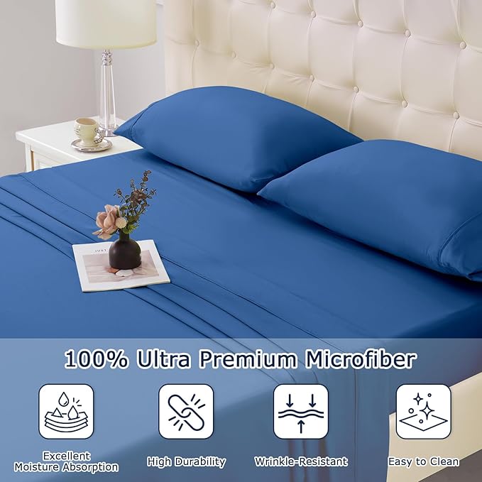 Full Size Bed Sheet Set - 4 Piece Soft Microfiber Sheets with Deep Pockets, Cooling Technology, and Wrinkle-Free Pillowcase. Hotel-Quality, Durable Bedding, Prussian Blue