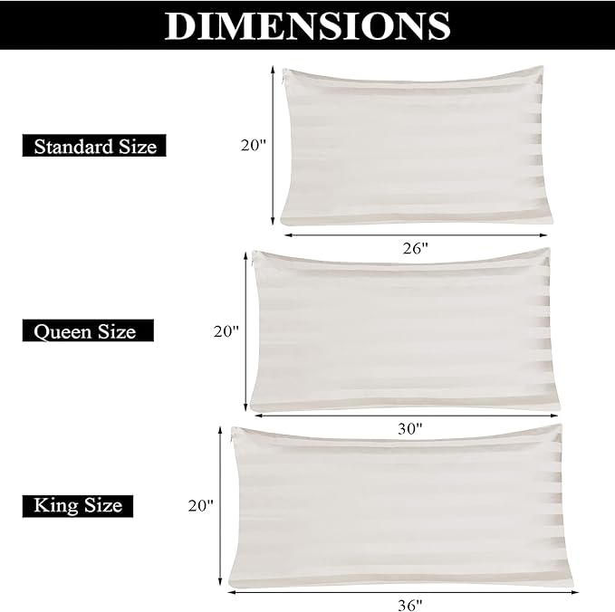 Pillow Protector Queen Size 100% Egyptian Cotton Pillow Covers, 400 Thread Count Sateen Weave Pillow Cases with Zipper Hidden, Breathable Non Noisy Easy Care, Set of 2 (Striped Light Beige)