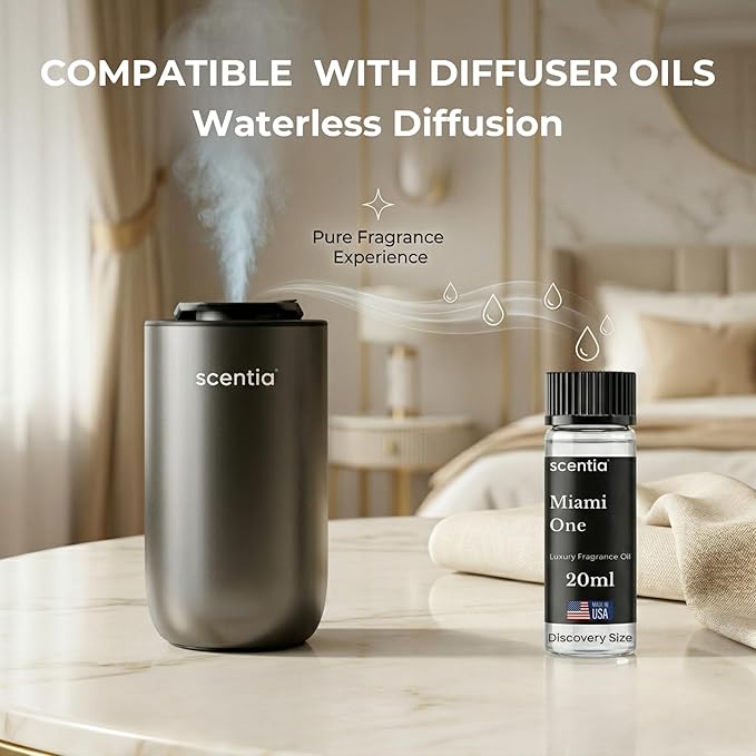 Scentia MiniPod Black Waterless Diffuser for Essential Oil, Smart Car Air Freshener with 3 Mist Levels & 3 LED Light Colors, Auto On/Off Rechargeable, Portable Scent Air Machine