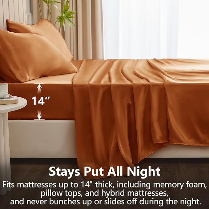 CozyLux Satin Sheets Queen Size Bed Set - 4 Piece Silky Queen Sheet Set, Luxury Terracotta Queen Sheets with Smooth and Soft Microfiber, Includes 1 Fitted Sheet, 1 Flat Sheet and 2 Pillowcases