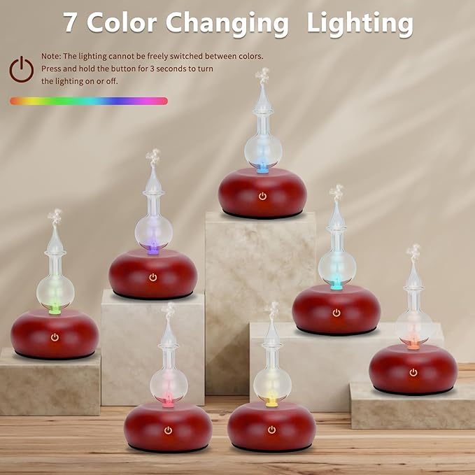 Vintage Pure Essential Oil Diffuser for Aromatherapy - 7-Color LED, Adjustable Mist, No Heat or Water Required, Ideal for Home, Bedroom, and Professional Use (Dark Wooden)