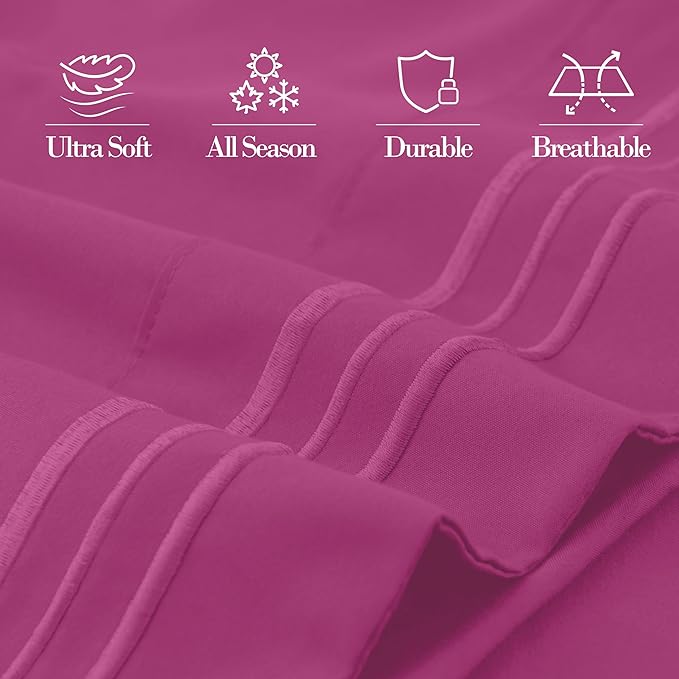 Mocassi 2-Piece Premium King Pillowcase Set 1800 Series Hotel Quality Microfiber - Soft and Breathable with 3-Line Embroidery Wrinkle and Stain Resistant, Easy Care, 20" x 40", Hot Pink