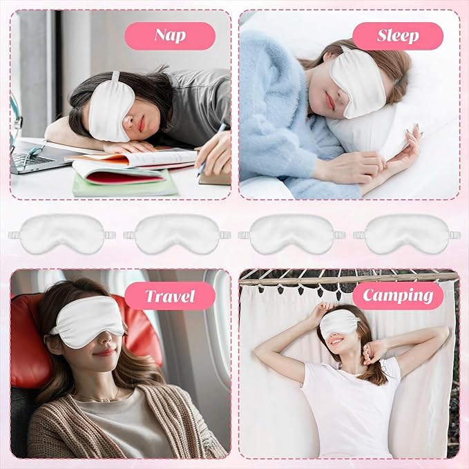 Silk Sleep Eye Mask 4 Pack Mulberry Silk Sleep Mask Eye Cover Blindfold with Elastic Strap Cute Satin Soft Eyeshade Masks for Women Night Sleeping Travel Nap (Pink) (White)