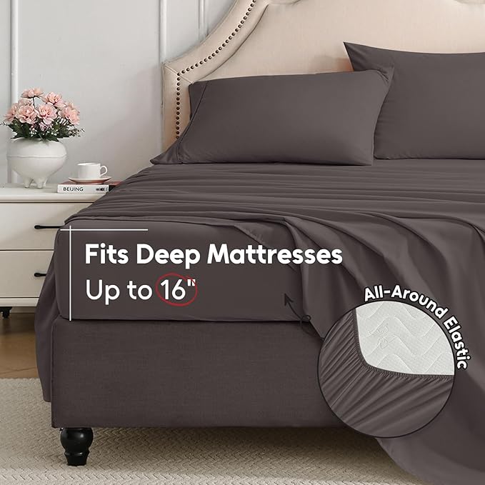 Queen Sheet Set, 4 Pieces Hotel Luxury Soft Microfiber Queen Bed Sheets Set, Up to 16" Deep Pockets, Oeko-Tex Sheets with Elastic, Breathable, Wrinkle Free (Dark Gull Gray,Queen)