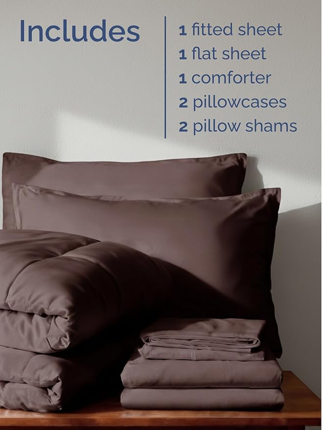 King Comforter Set - 7 Piece Bed in a Bag King Size Bed Set - Down Alternative Comforter, Flat Sheet, Fitted Sheet, Pillowcase & Shams for All Seasons - Ultra Soft, Comfy and Breathable - Brown/Beige